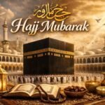 Hajj Mubarak image with Kaaba in Makkah and pilgrims performing Tawaf