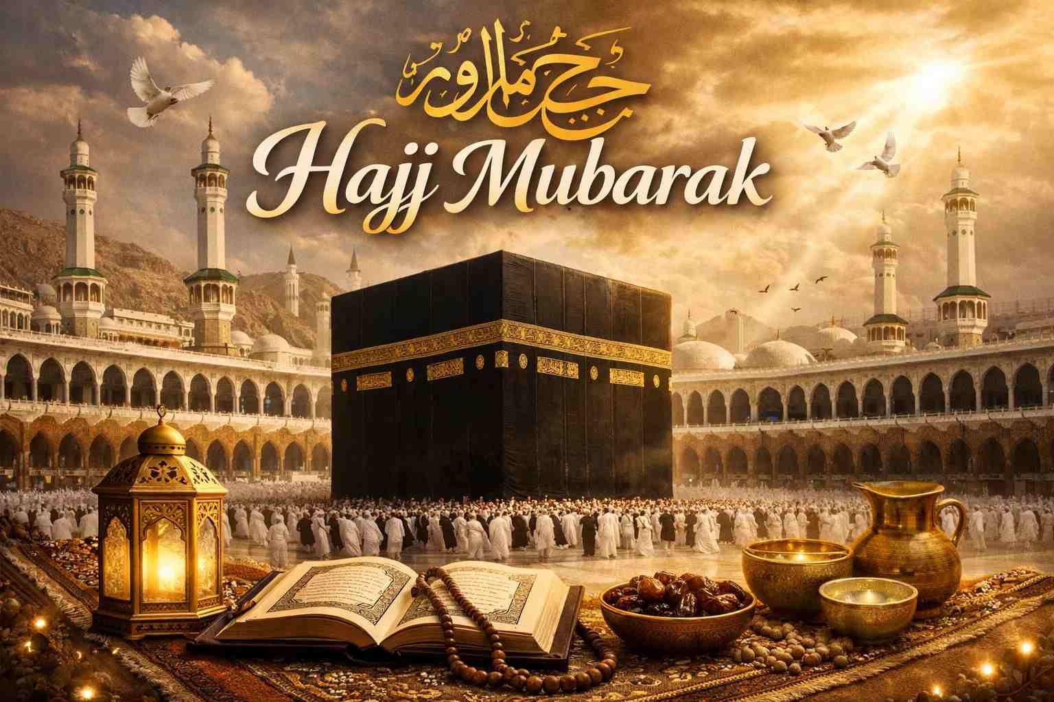 Hajj Mubarak image with Kaaba in Makkah and pilgrims performing Tawaf