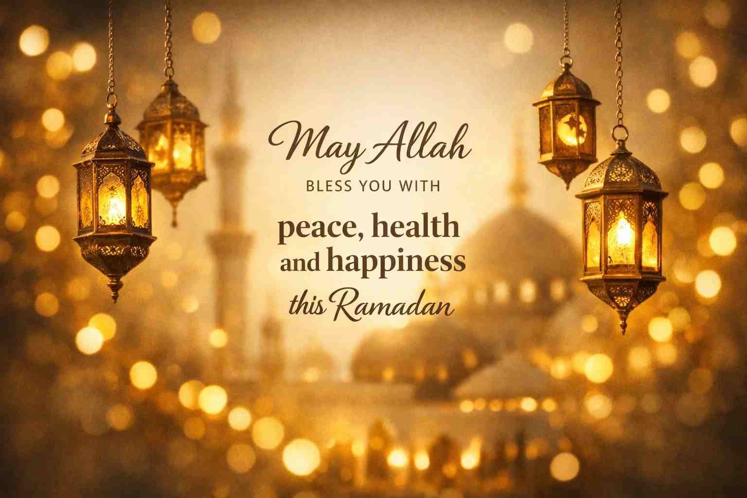 Ramadan Mubarak wishes quote image with lanterns and lights