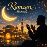 Ramzan Mubarak dua image with mosque crescent moon and prayers