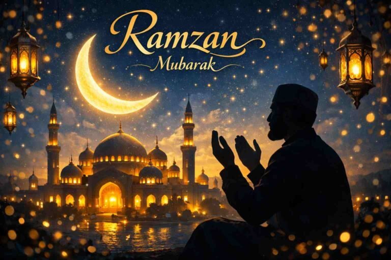 Ramzan Mubarak dua image with mosque crescent moon and prayers