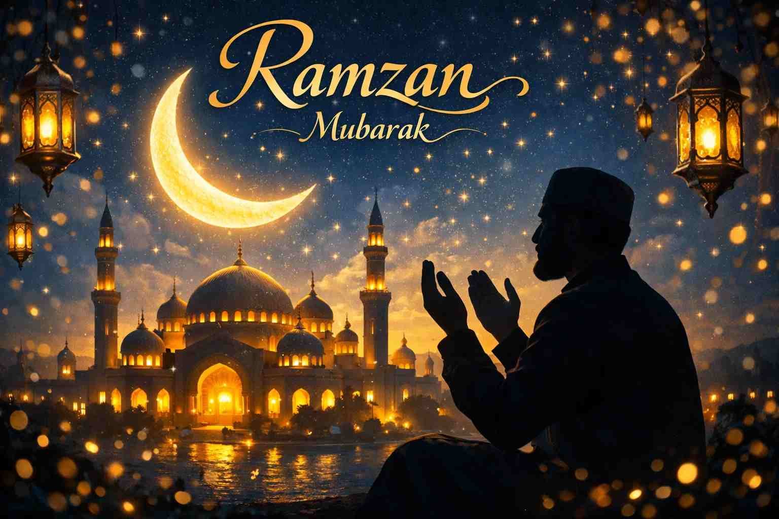 Ramzan Mubarak dua image with mosque crescent moon and prayers