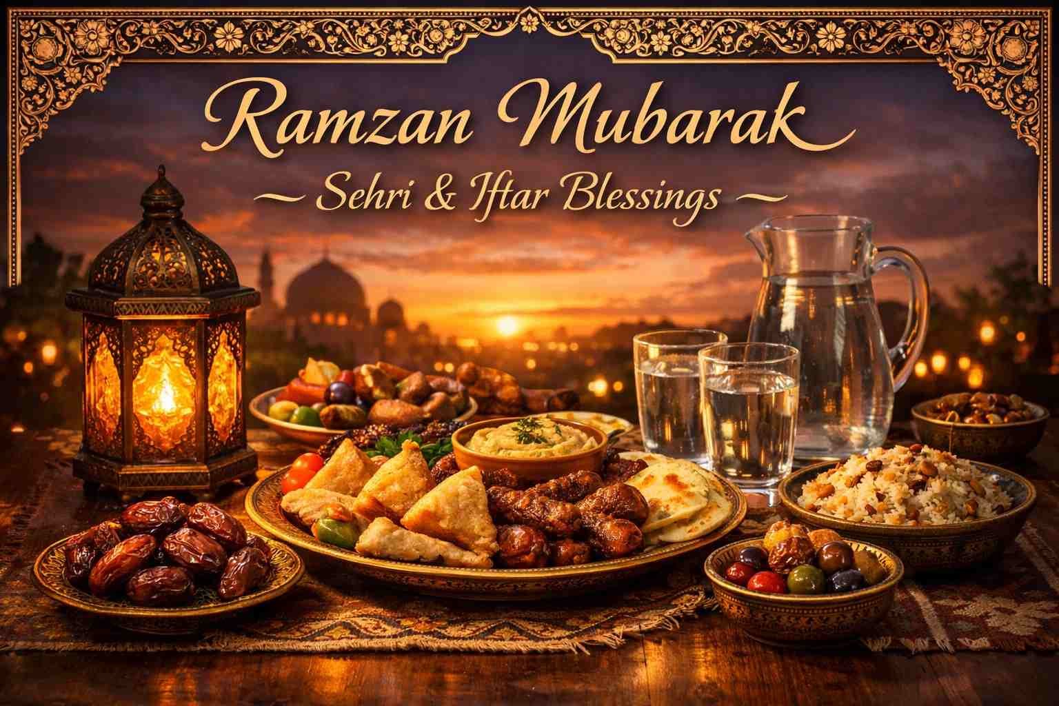Ramadan Sehri Iftar table with dates lantern and blessings text